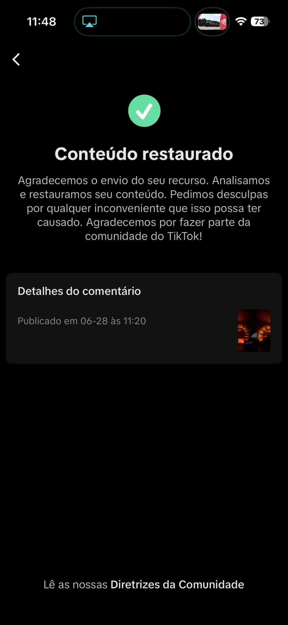 porcaria de TikTok, os caras bloqueia um comentário que é só a foto do painel do carro DESLIGADO.
