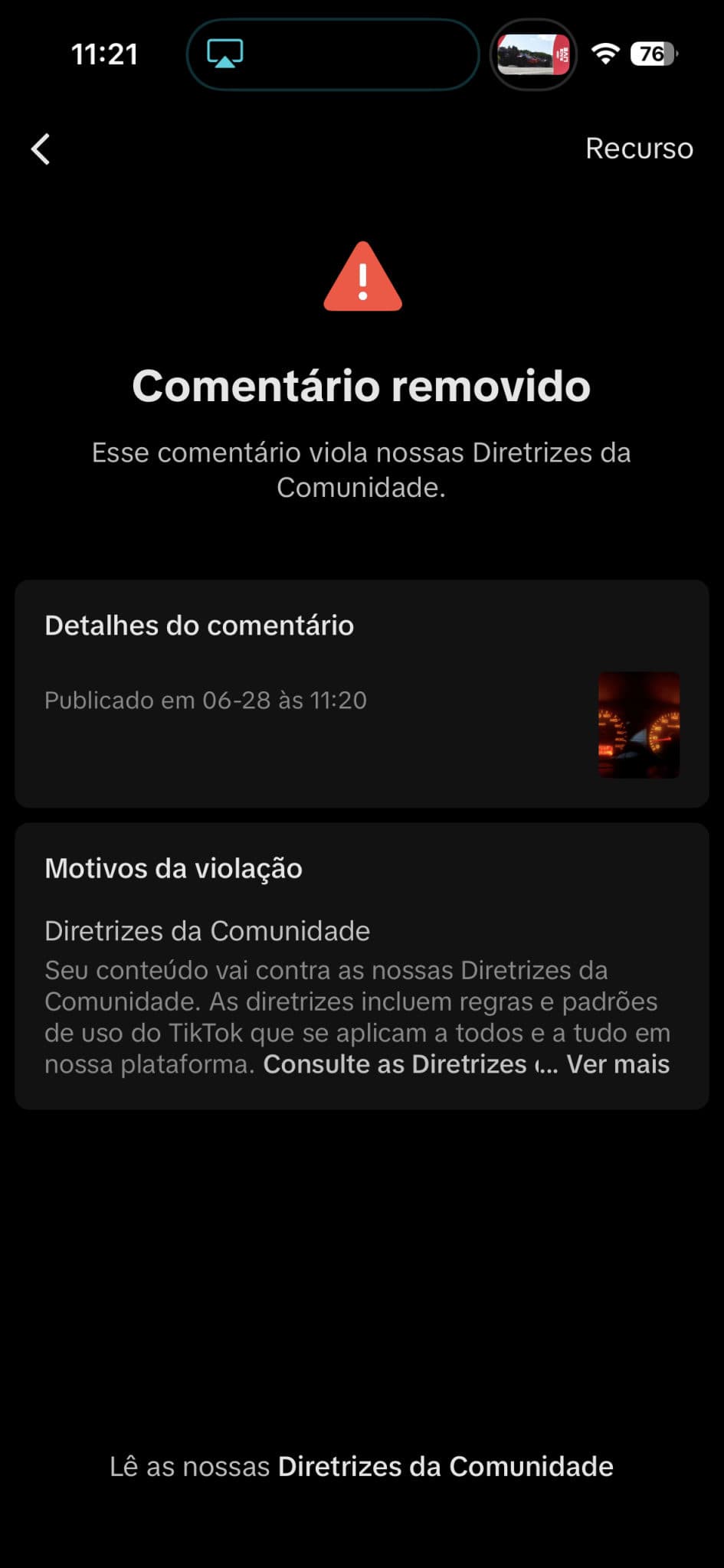porcaria de TikTok, os caras bloqueia um comentário que é só a foto do painel do carro DESLIGADO.